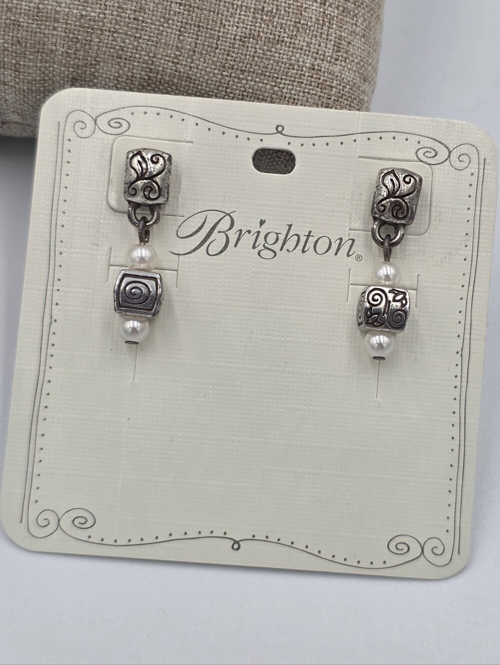Brighton Silver Tone Scroll Filigree Faux Pearl Drop Dainty Feminine Earrings